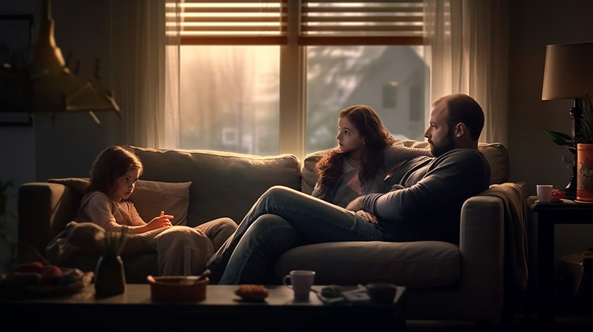 Parents sitting on a couch with their little kid