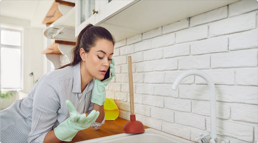 A woman is trying to find out how to unclog a kitchen sink