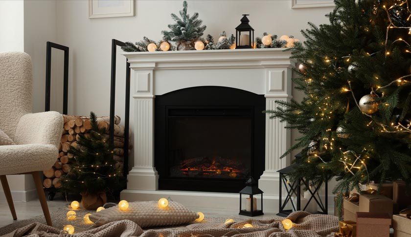 Classic holiday decor with a fireplace, Christmas tree, and a winter vibe