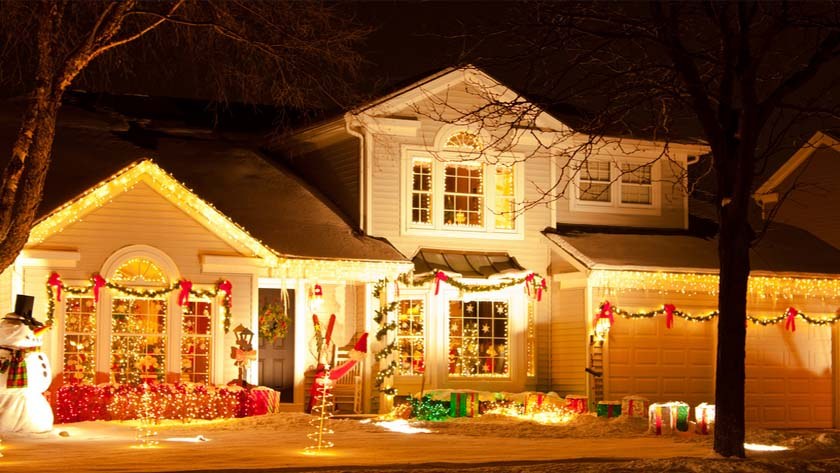 House with festive light decorations during winter